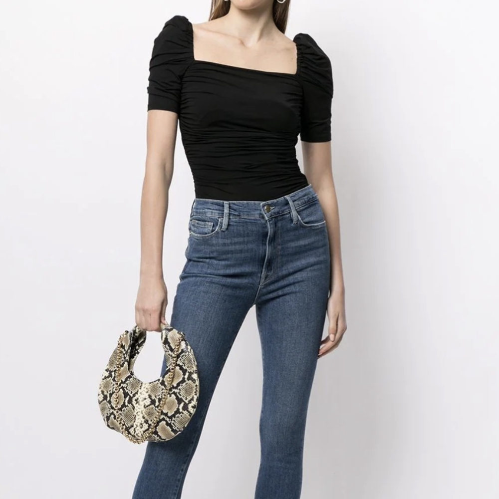FRAME Betty Knitted Black Noir Square Neck Ruched Puff Sleeve Top Shirt - Picture 2 of 16
